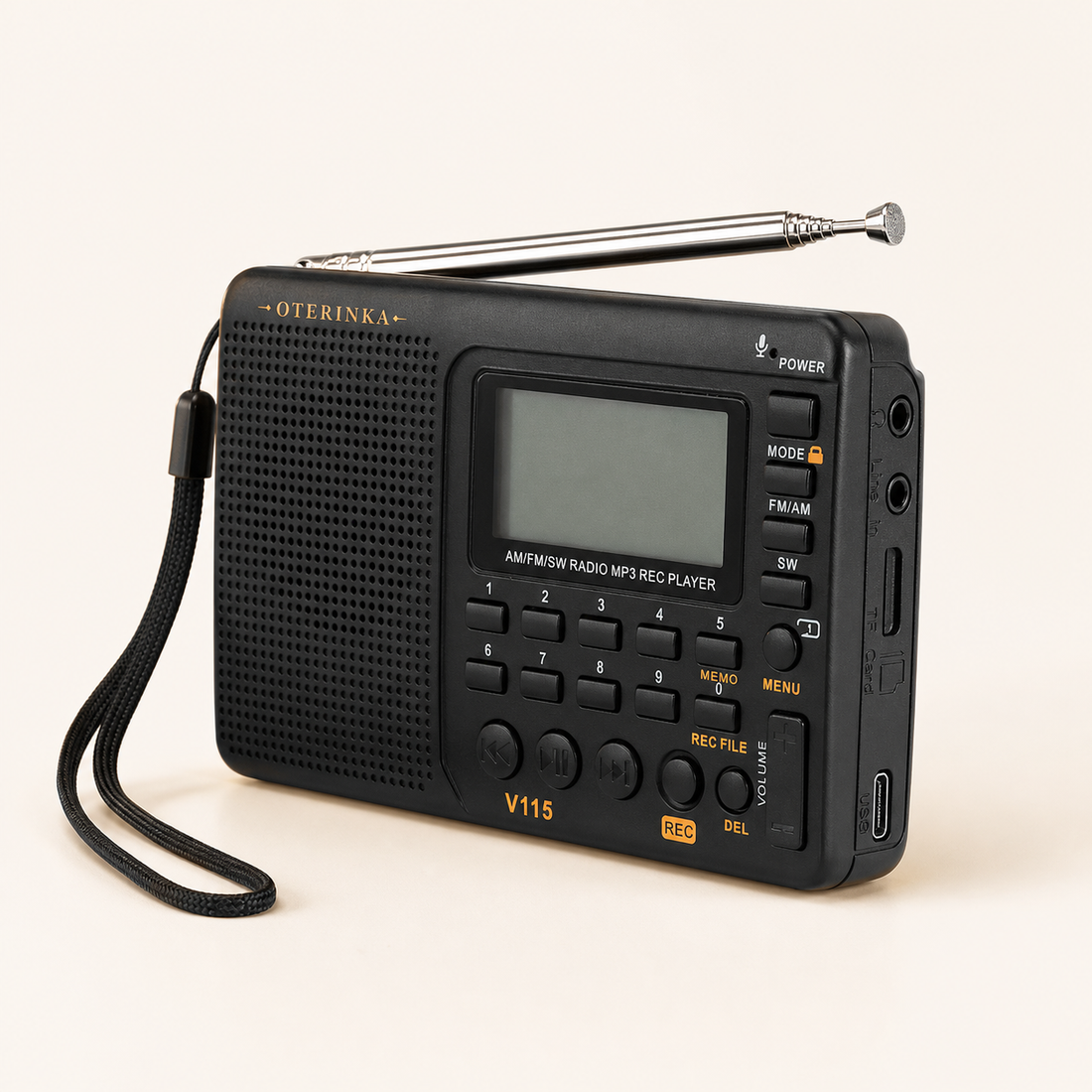 Radio OTERINKA vue de trois quarts : prise casque, port USB et fente pour carte mémoire